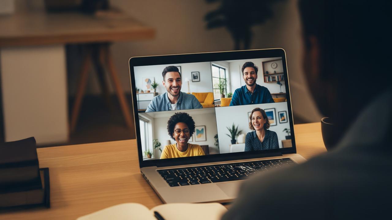 A person from behind views a laptop displaying a four-person video call.