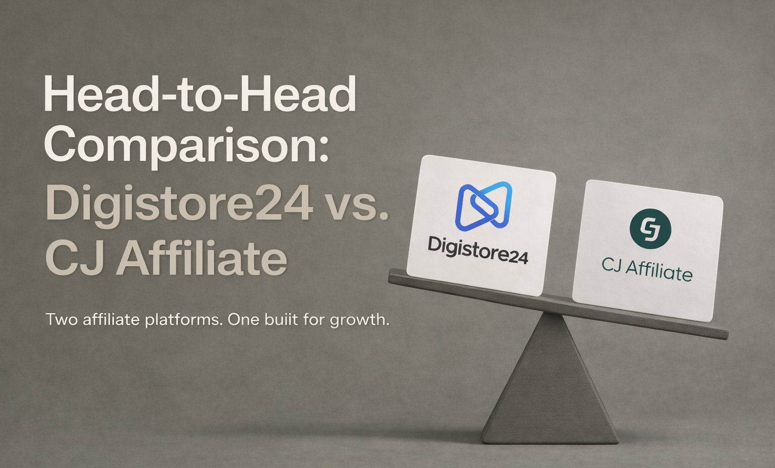 Text: "Head-to-Head Comparison: Digistore24 vs. CJ Affiliate. Two affiliate platforms. One built for growth." Logos for Digistore24 and CJ Affiliate are displayed on a balanced seesaw.