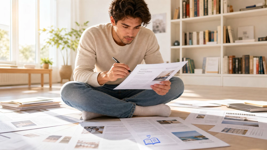A young man sits cross-legged on a sunlit floor, reviewing papers with a pen, surrounded by more documents and a bookshelf.