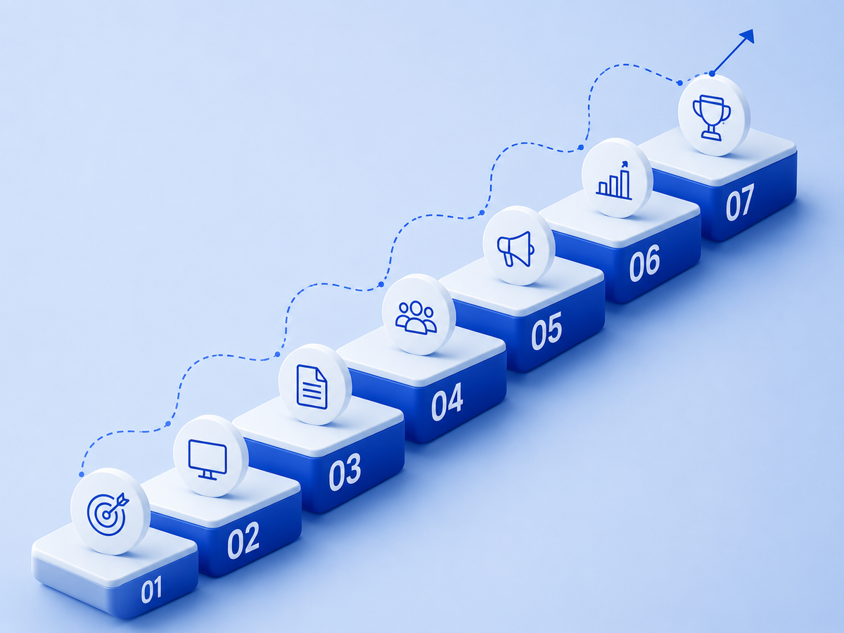 Seven numbered steps with icons illustrating a process of progress towards a trophy.