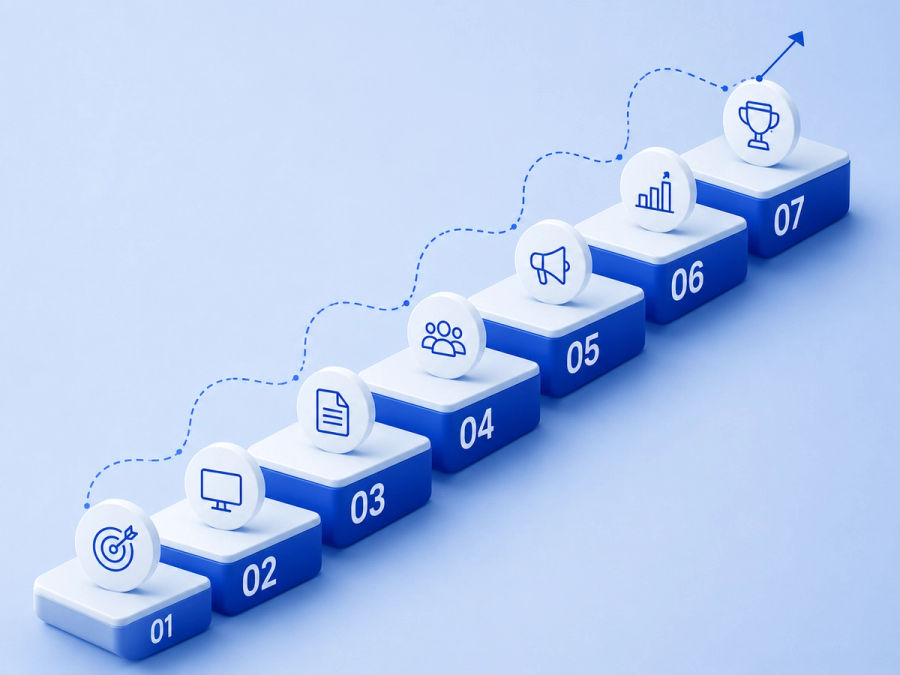 Seven numbered steps with icons illustrating a process of progress towards a trophy.