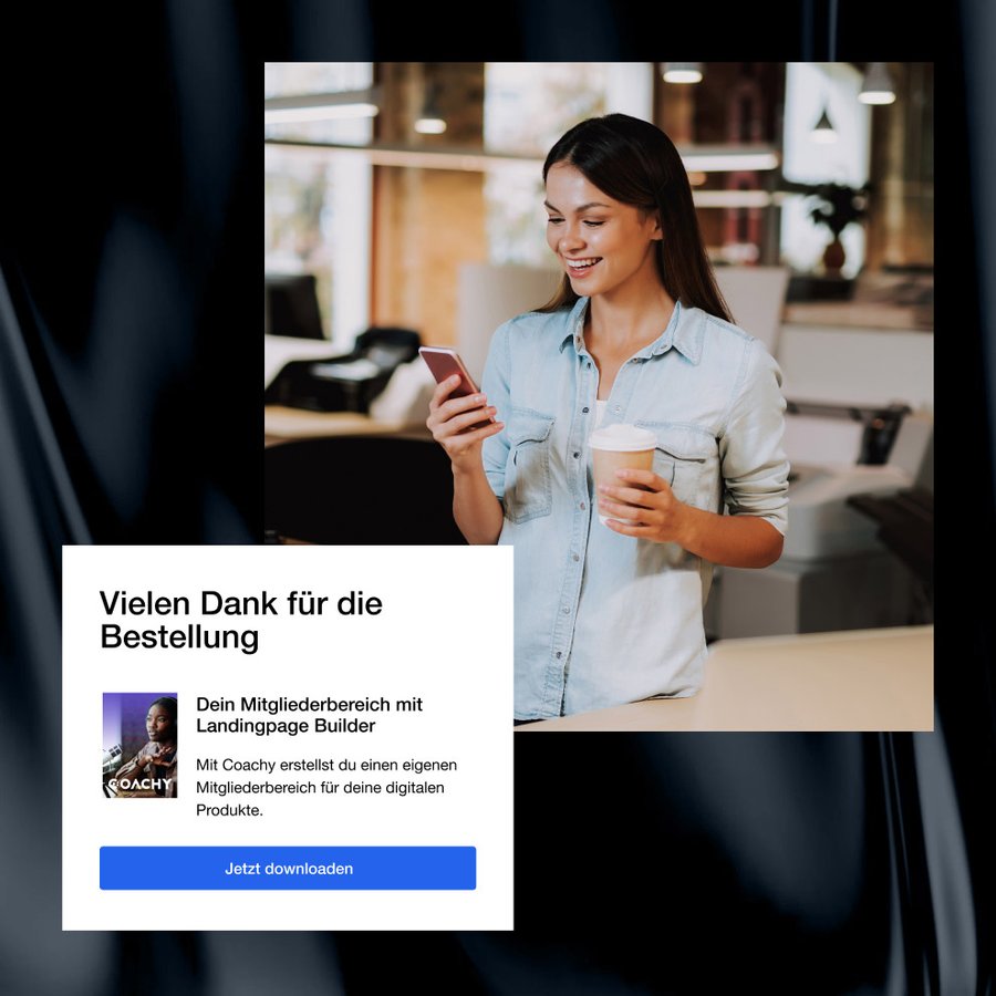 A "Thank you for your order" pop-up for Coachy's member area and landing page builder, next to a smiling woman using her phone.