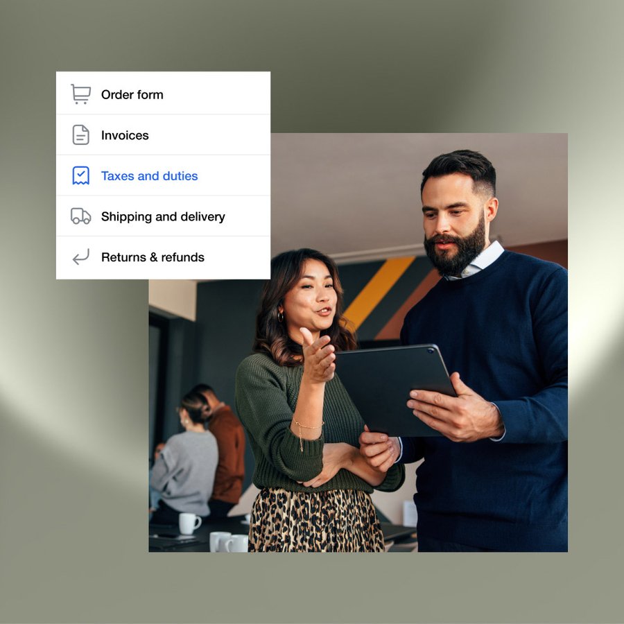 Menu with Taxes selected, over two professionals discussing on a tablet.