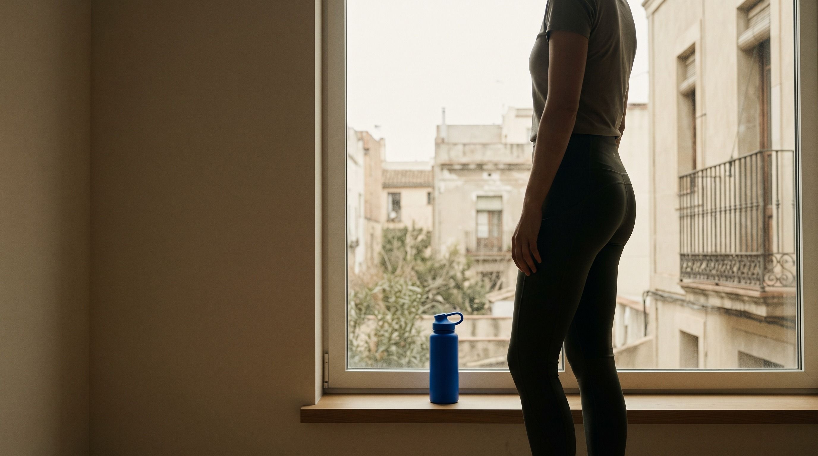 Side profile of a person in activewear standing by a window with a blue water bottle on the sill, overlooking a city.