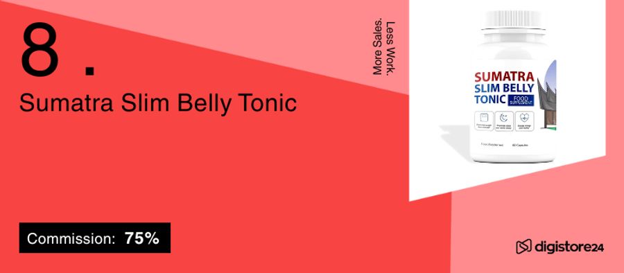 Sumatra Slim Belly Tonic product, ranked 8th, showing 75% commission on Digistore24.