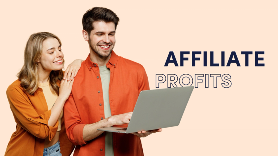 A smiling man uses a laptop while a woman looks over his shoulder, with the text "AFFILIATE PROFITS".