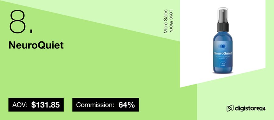 Number 8 product: NeuroQuiet, a blue spray bottle, with an AOV of $131.85 and 64% commission.