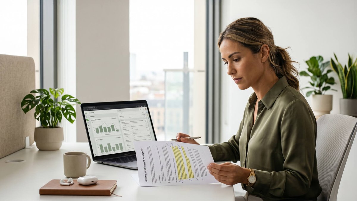 A woman reviews a highlighted document at an office desk with a laptop showing charts.