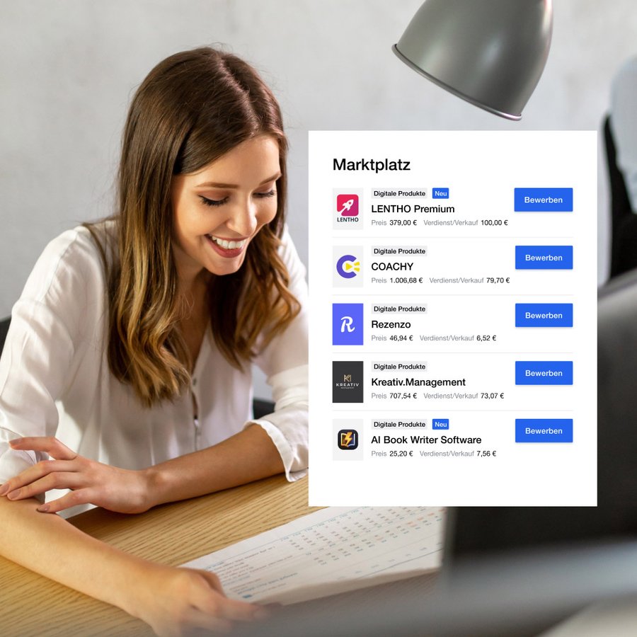 A smiling woman at a desk looks at documents, with an overlay showing a digital marketplace featuring various software products.