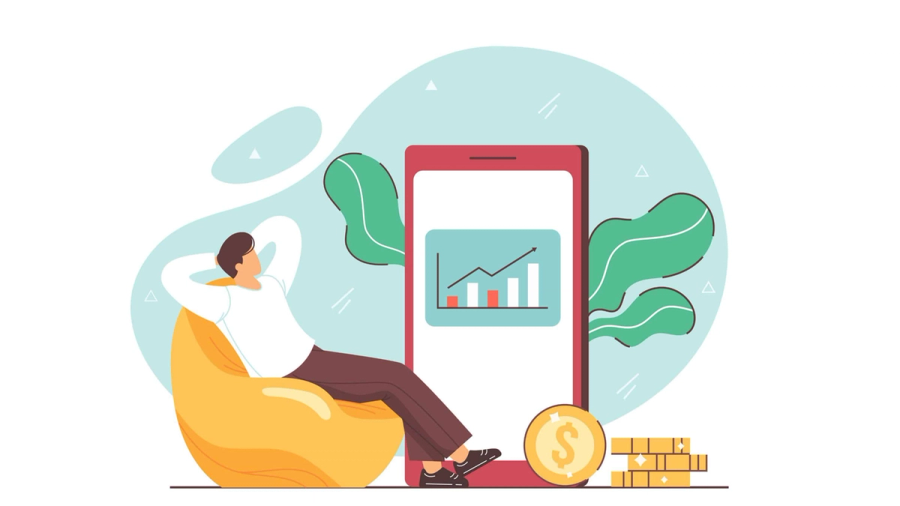 Illustration of a person relaxing and viewing a financial growth chart on a smartphone, with coins.