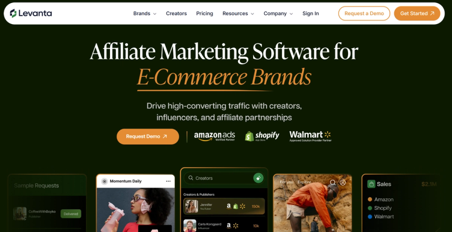 Levanta website homepage screenshot advertising "Affiliate Marketing Software for E-Commerce Brands," showing integration logos for Amazon, Shopify, and Walmart, plus various interface modules.