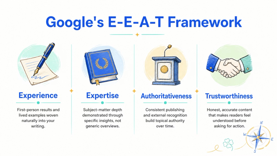 Google's E-E-A-T framework, explaining Experience, Expertise, Authoritativeness, and Trustworthiness.