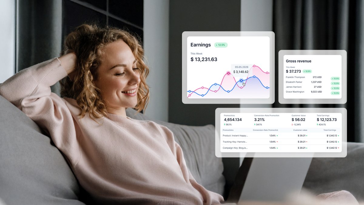 Smiling woman on a couch viewing holographic financial dashboards.