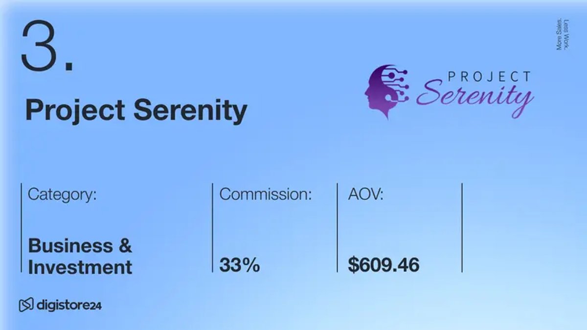 Details for Project Serenity, item 3: Category Business & Investment, Commission 33%, AOV $609.46.