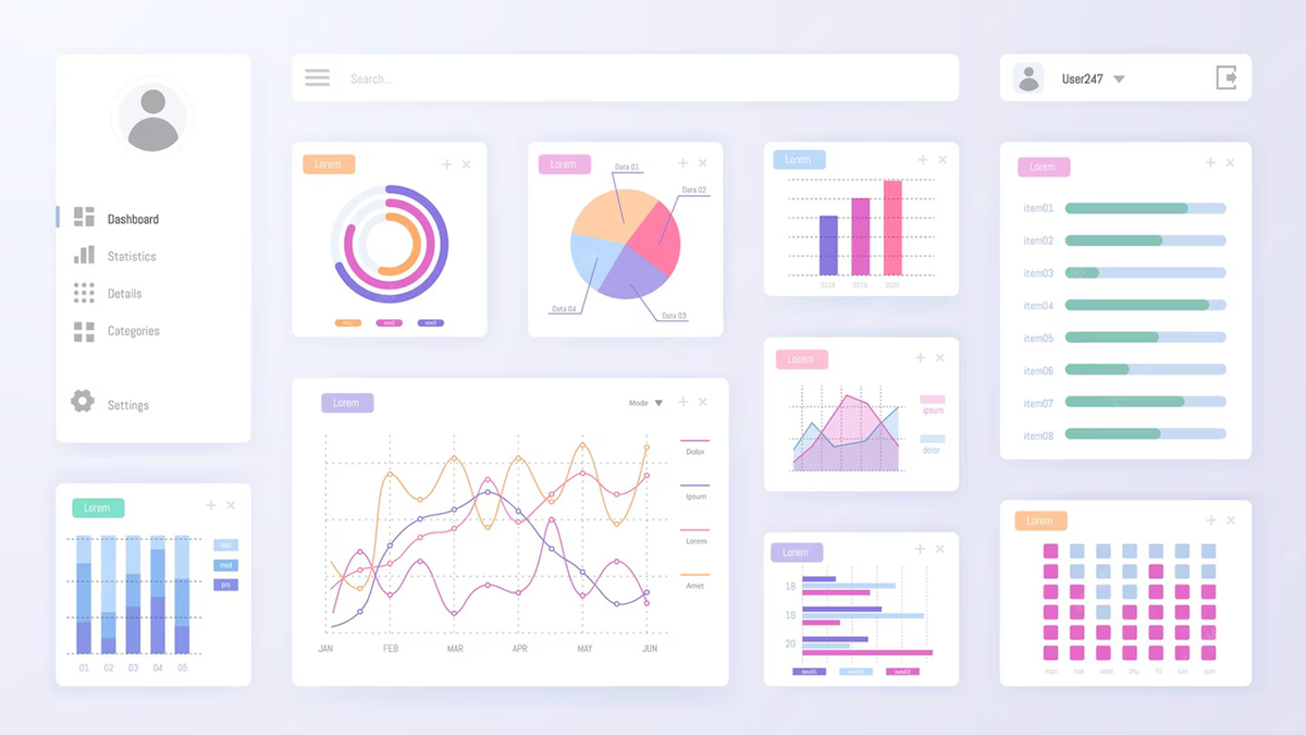 A clean, modern dashboard interface displaying multiple data charts such as pie, bar, and line graphs, along with navigation elements.