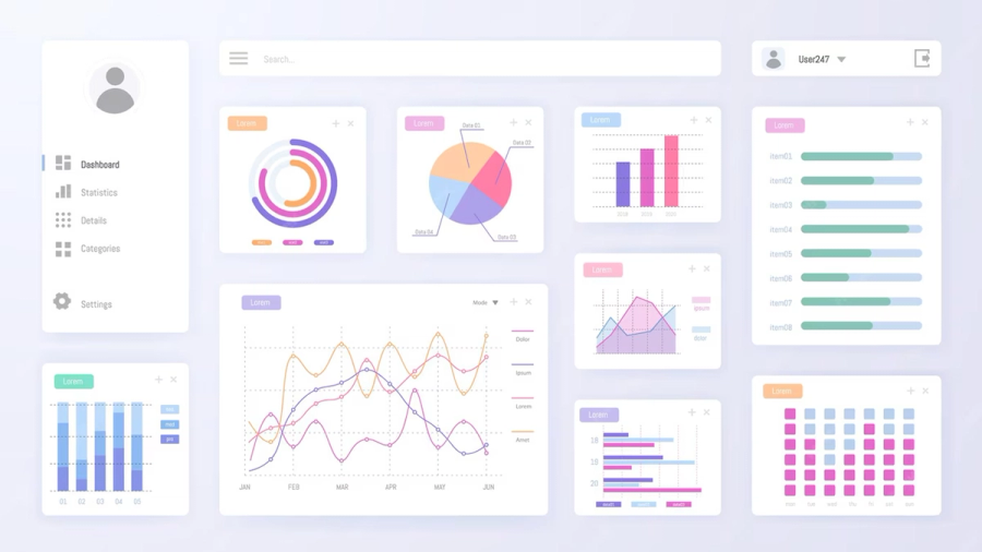 A clean, modern dashboard interface displaying multiple data charts such as pie, bar, and line graphs, along with navigation elements.