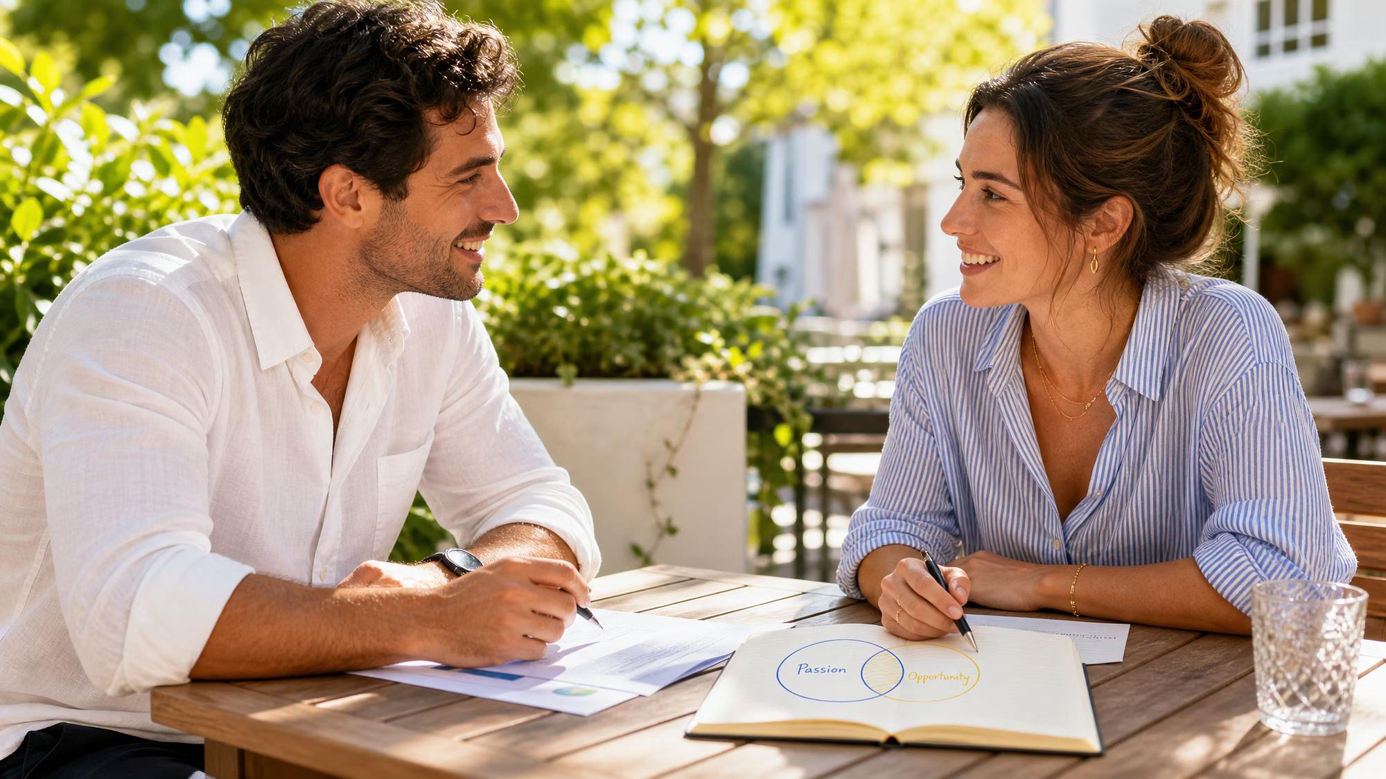 Smiling man and woman at an outdoor table with a notebook showing a "Passion" and "Opportunity" diagram.