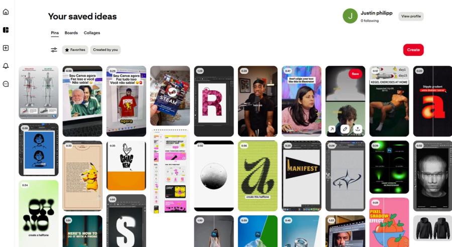 A Pinterest page titled "Your saved ideas" displaying a grid of diverse pins, including people, illustrations, and designs.