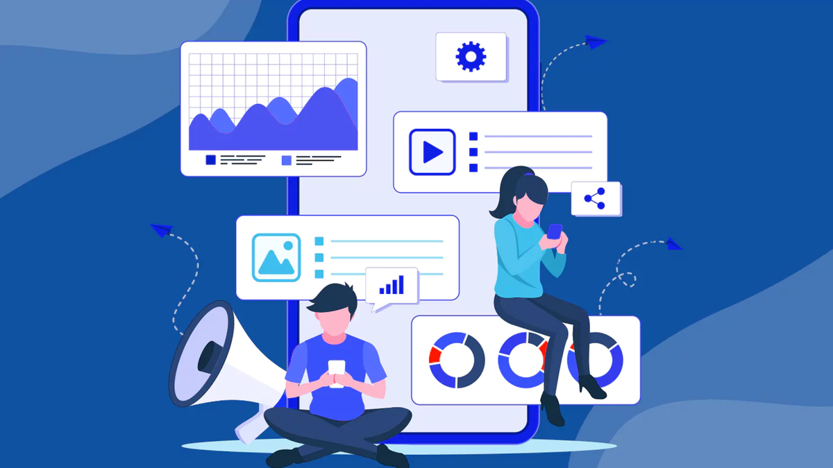 Mobile marketing and data analysis concept with people using smartphones, charts, media icons, and a megaphone.