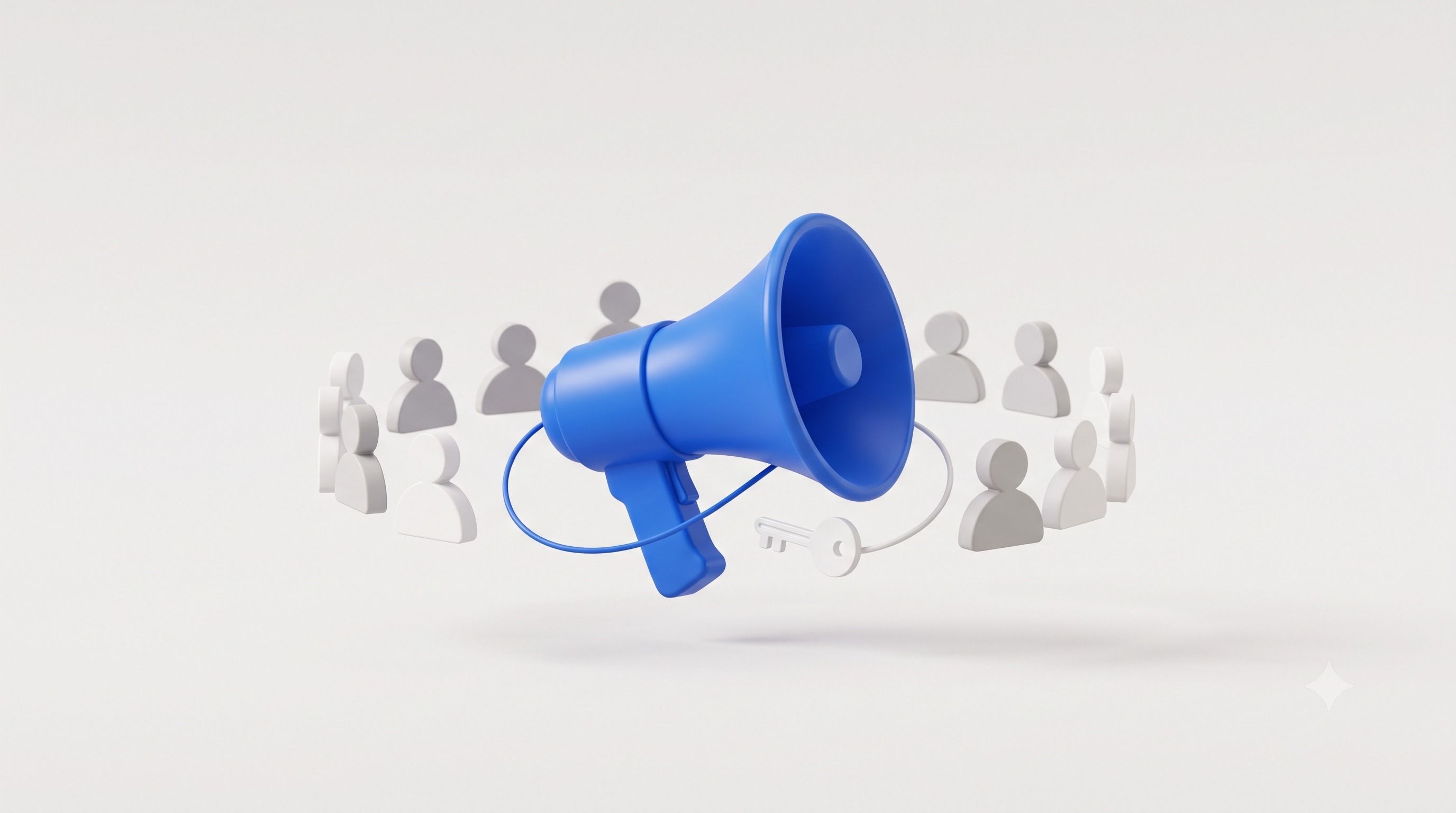 A blue megaphone with a white key attached, surrounded by a circle of gray person icons.