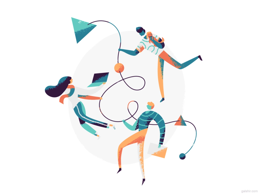 Illustration of three stylized people connected by abstract lines and geometric shapes.