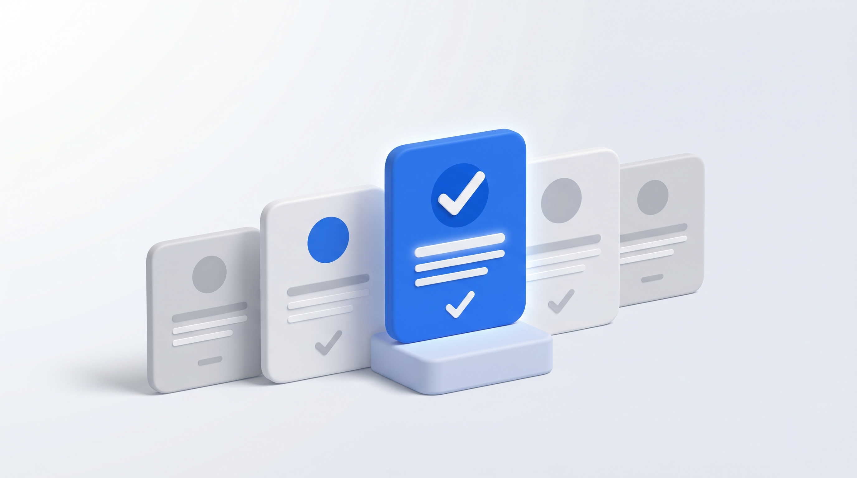 A blue card with two checkmarks and lines is elevated on a stand, surrounded by grey cards.