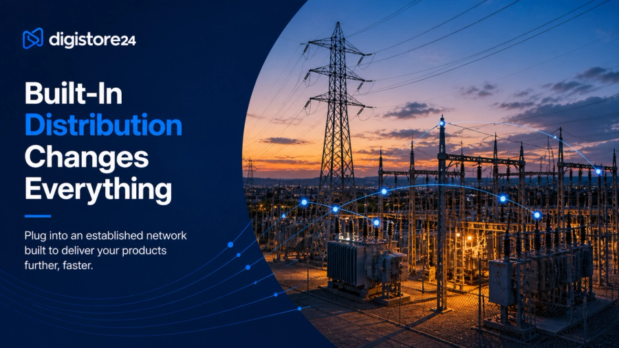 An electrical power substation and transmission lines at sunset with glowing blue network lines, next to the Digistore24 logo and text: "Built-In Distribution Changes Everything."