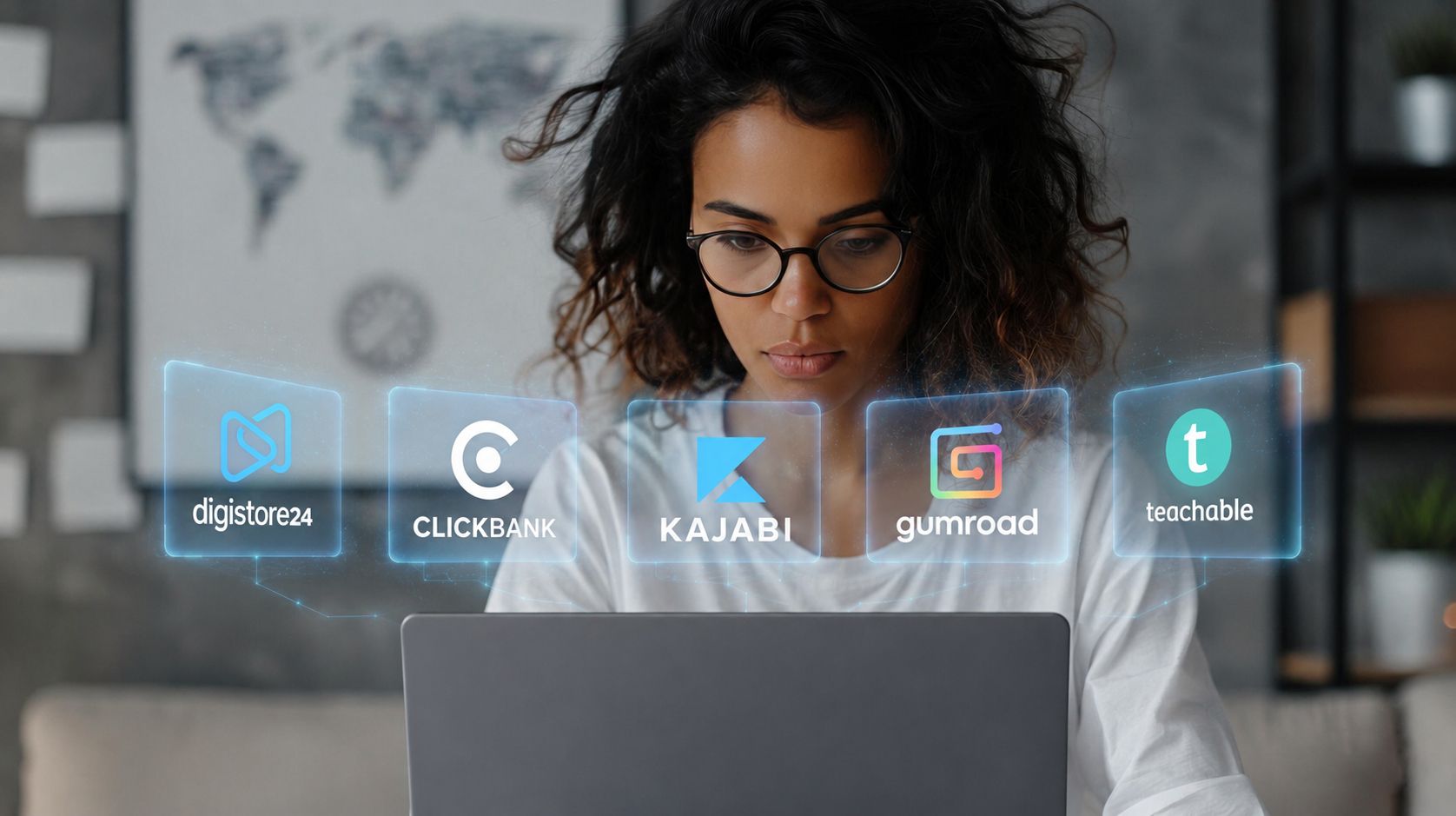 Woman using a laptop with holographic icons of online platforms Digistore24, ClickBank, Kajabi, Gumroad, and Teachable.