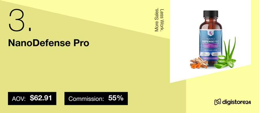 NanoDefense Pro supplement bottle with turmeric and aloe vera, listed with an average order value of $62.91 and a 55% commission.