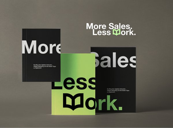 Three books, two black and one lime green, display parts of 'More Sales. Less Work.' with a book icon. Above them, the full phrase 'More Sales. Less Work.' with a green book icon.