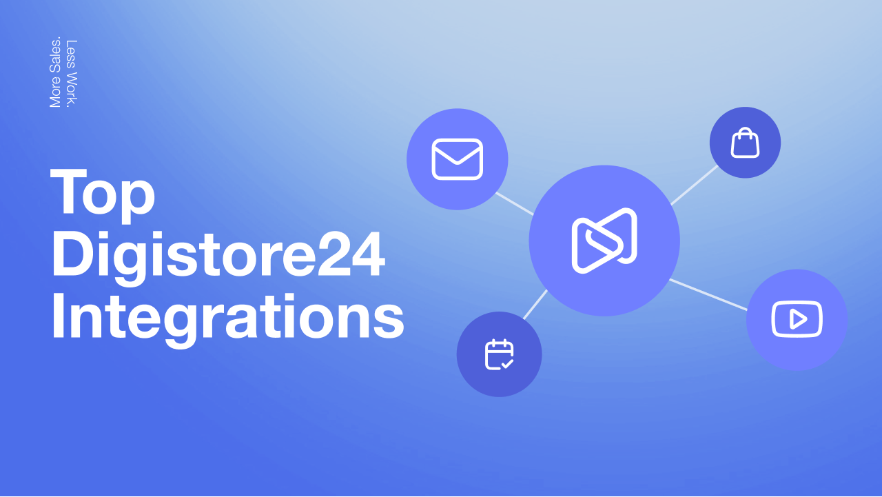 Text: Top Digistore24 Integrations. A diagram shows a central Digistore24 logo connected to icons for email, shopping, video, and a calendar.