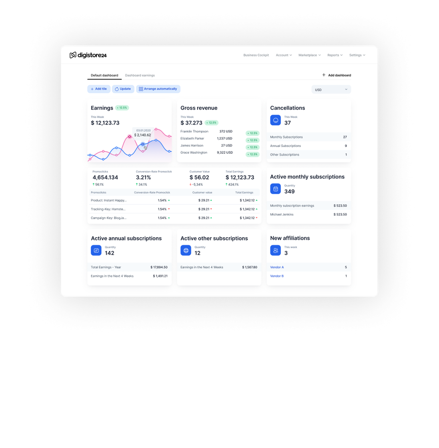 Digistore24 sales analytics dashboard showing earnings, revenue, and subscriptions.