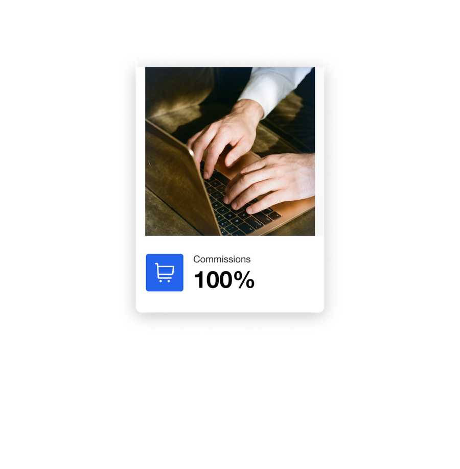 Hands typing on a gold laptop, with a graphic below showing a shopping cart icon, "Commissions", and "100%".