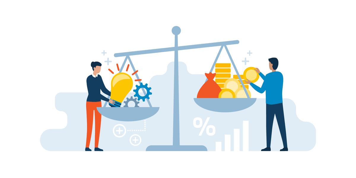 People balancing ideas and work (lightbulb, gear) with money (coins, bag) on a scale.