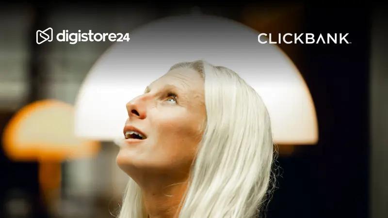 Woman looking up with Digistore24 and ClickBank logos.