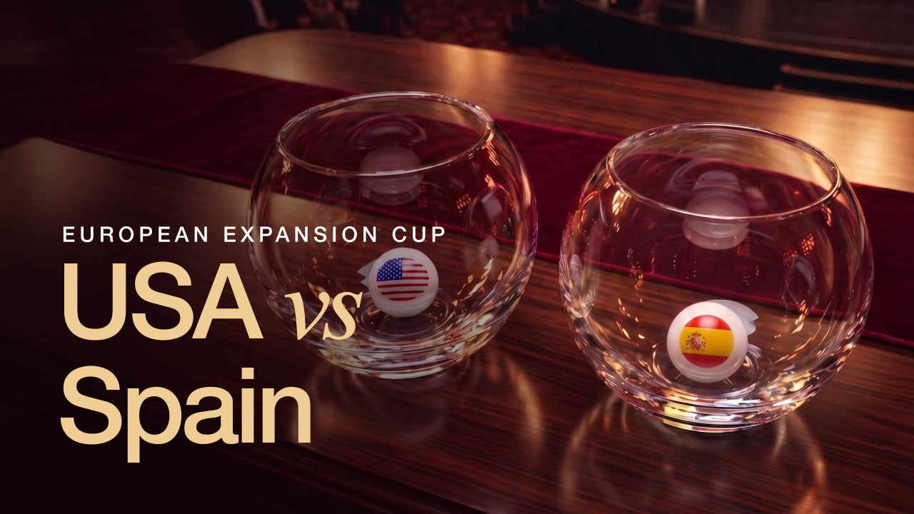 Two glass bowls on a table, one containing a USA flag ball and the other a Spain flag ball, with text "EUROPEAN EXPANSION CUP USA vs Spain".