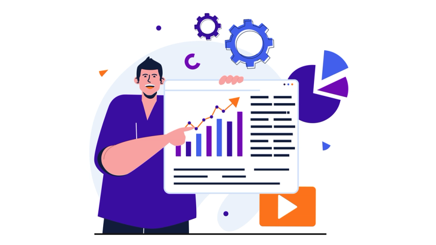 A stylized illustration of a man pointing at a screen displaying a rising bar chart and line graph, with a pie chart and gears.