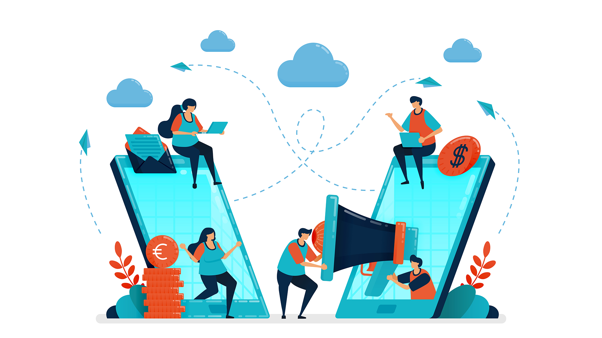 An illustration of people conducting mobile marketing, communication, and finance on two large smartphones.