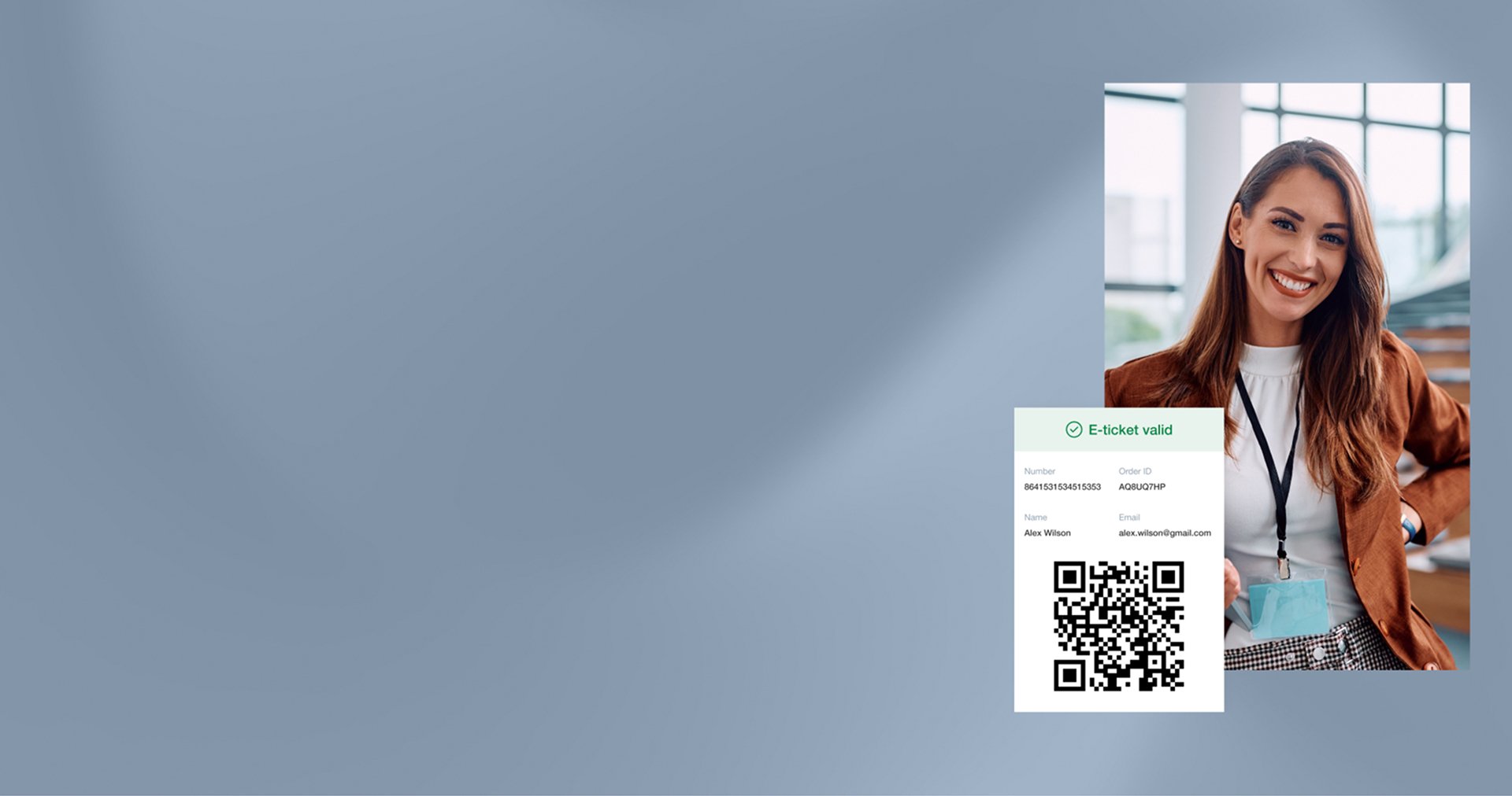 Smiling woman with an event badge next to a valid e-ticket displaying a QR code.