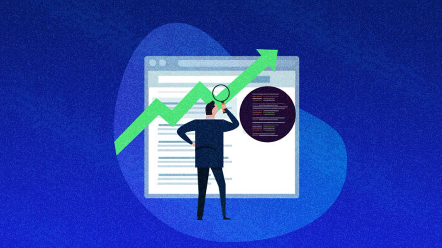 Man analyzing web page code with a magnifying glass, showing an upward trend graph.