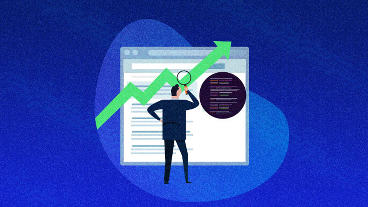 Man analyzing web page code with a magnifying glass, showing an upward trend graph.