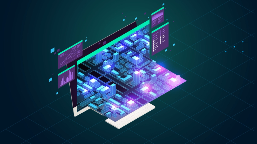 Isometric digital city map with glowing buildings and data visualizations on a stylized screen.