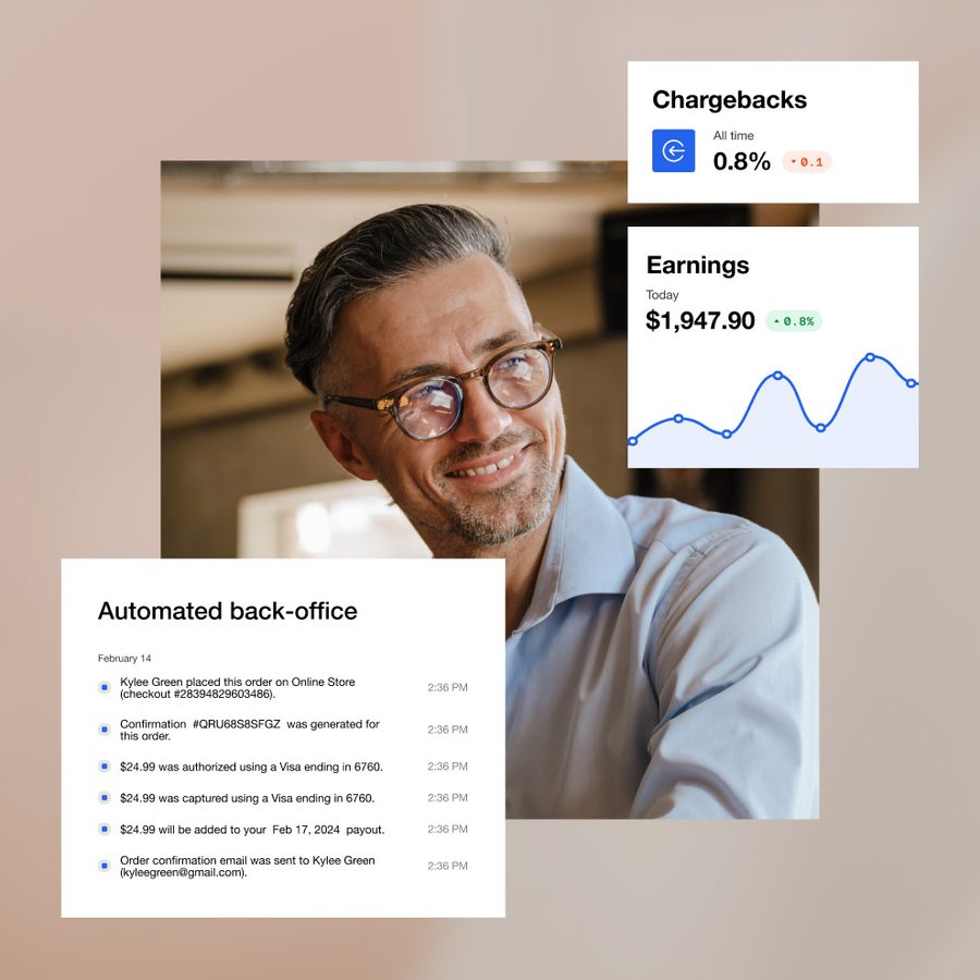 Smiling man with glasses, surrounded by digital cards displaying automated backoffice operations, chargeback rates, and earnings reports with a positive trend.