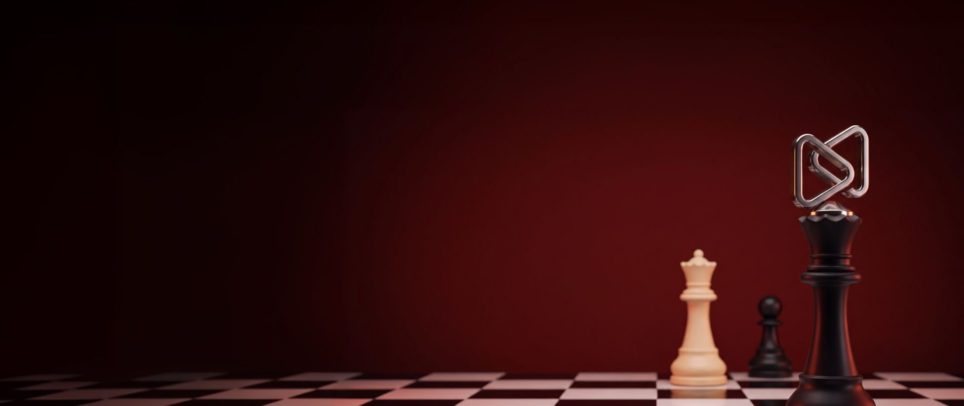 A black king topped with interlocking silver triangles, a white queen, and a black pawn stand on a chessboard against a red background.