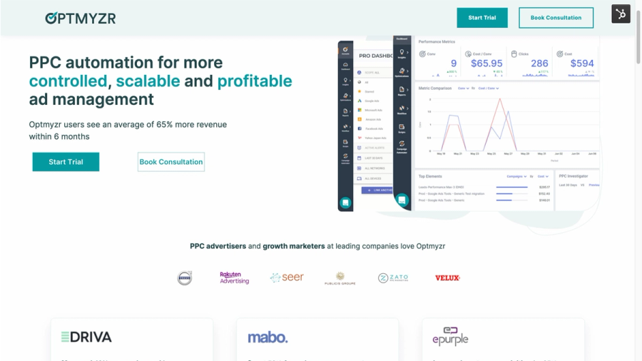 Optmyzr website screenshot showing its PPC automation services, a dashboard with performance data, and logos of client companies.