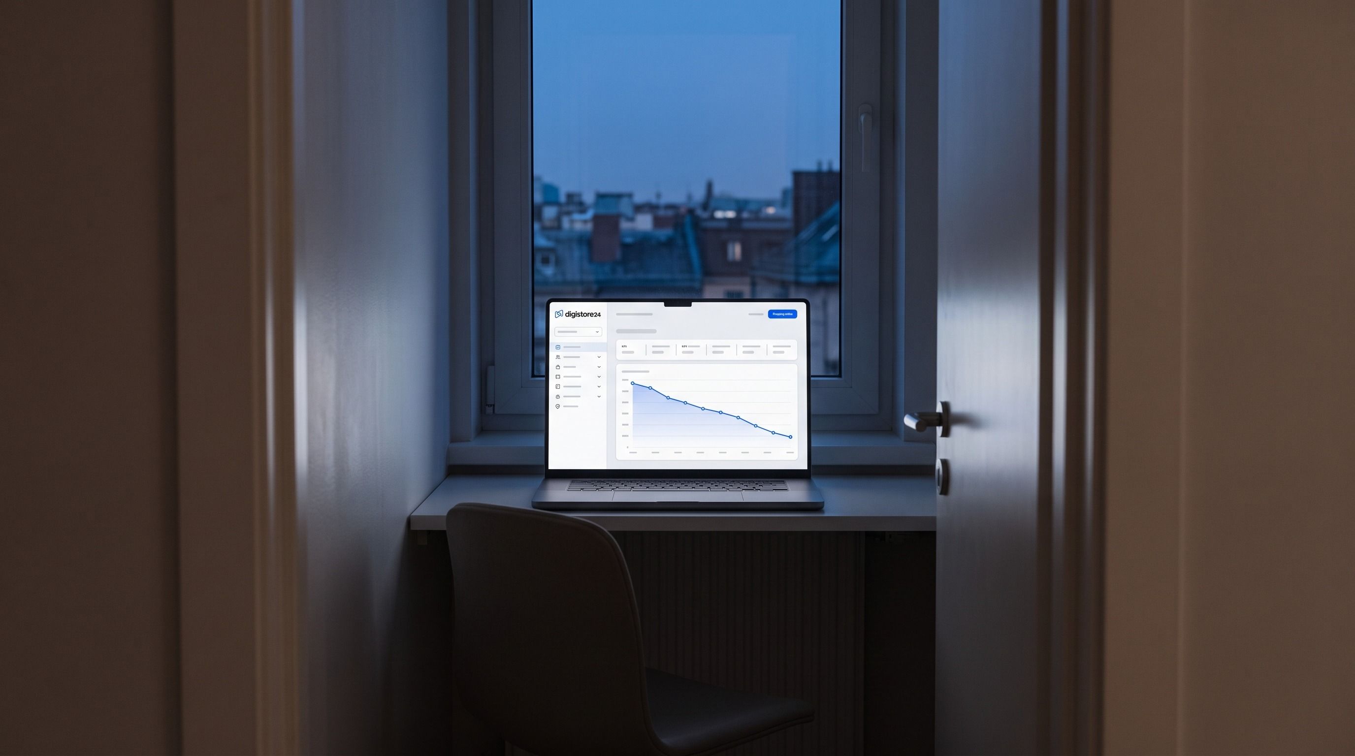 Laptop on a desk by a window at night, displaying a downward trending chart.
