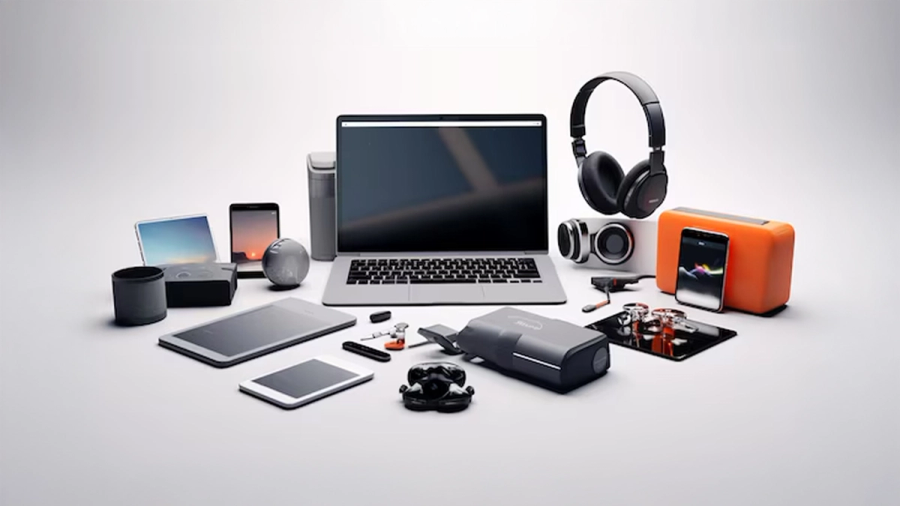 A diverse collection of modern electronic devices, including laptops, tablets, phones, headphones, and speakers, on a white background.