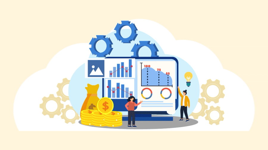 Illustration of data analysis and business strategy, showing charts, money, gears, and two people.