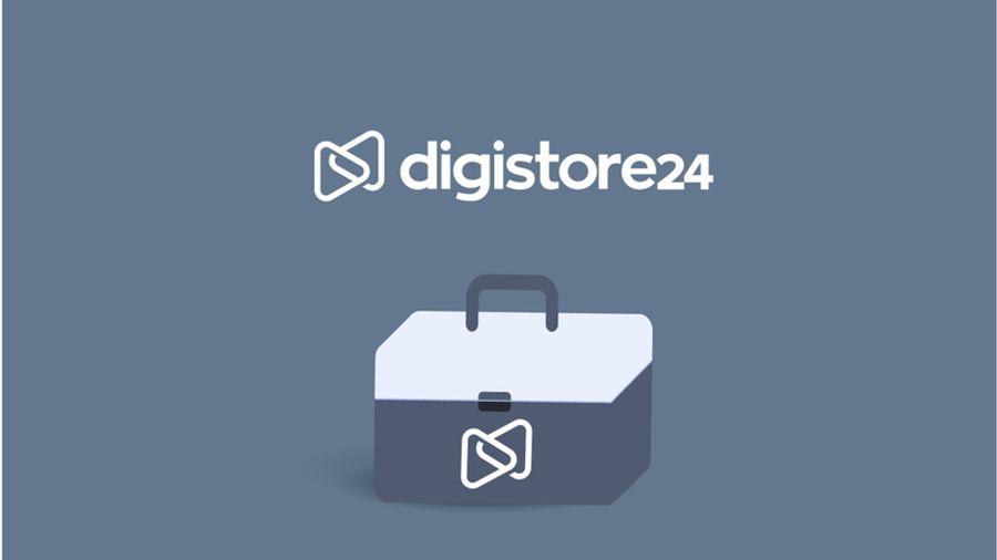 Digistore24 logo in white above a grey briefcase icon with the logo on its front.