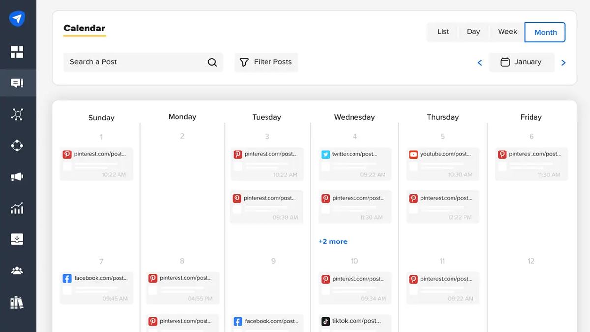 A social media content calendar displaying scheduled posts from various platforms like Pinterest, Twitter, and Facebook in a monthly view for January.